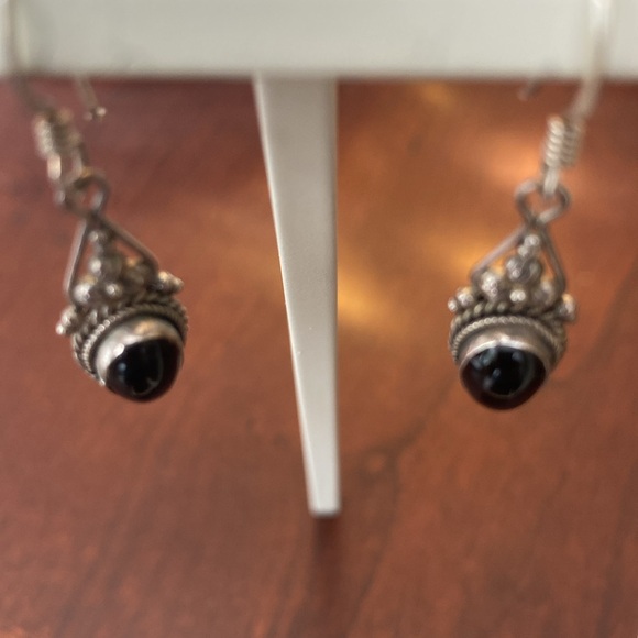 Sterling Silver 925 Black Onyx Cabochon Scroll Drop Earrings - Picture 2 of 6